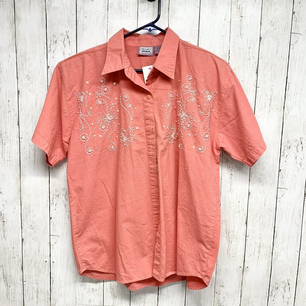 Vintage Premier International Top Women Large Coral Butterfly Embroidered Blouse